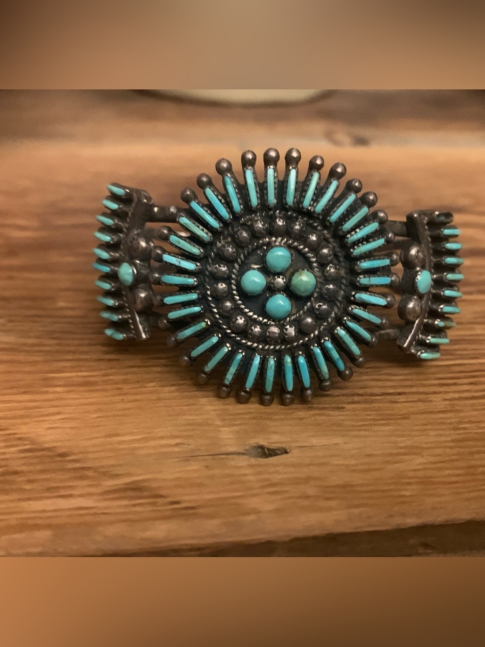 Vintage Zuni Needlepoint Turquoise Sterling Cuff Missing One Stone